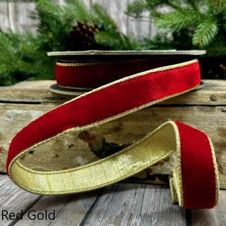 1" Lush Velvet Red and Metallic Light Gold Ribbon - SOLD BY THE FOOT