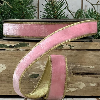 1" Lush Velvet Strawberry Pink and Gold Ribbon - SOLD BY THE FOOT