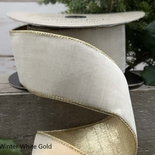1" Lush Velvet Winter White and Metallic Light Gold Ribbon - SOLD BY THE FOOT