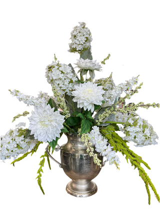 Large White Dahlia & Hydrangea Arrangement in Nickel Urn