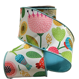 Green, Blue & Pink Dupion Large Abstract Floral Ribbon -SOLD BY THE FOOT