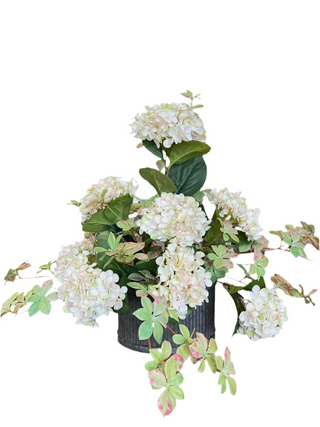 Hydrangea & Rhodoleia Arrangement in Oval Metal Container