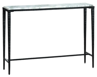 A console table with a marble top and a metal, iron, frame with a rectangular shape.
