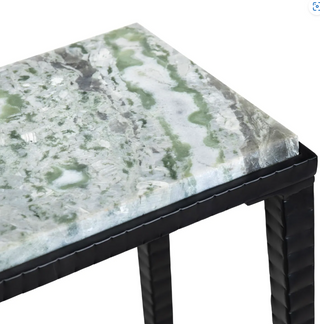 A console table with a marble top and a metal, iron, frame with a rectangular shape.