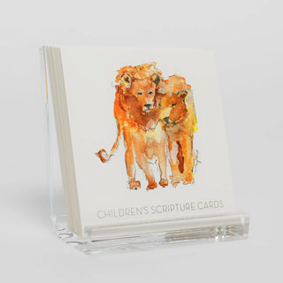 Children's Scripture Cards with watercolor illustration of two lions standing close together, with the title 'CHILDREN'S SCRIPTURE CARDS' printed at the bottom, anne neilson