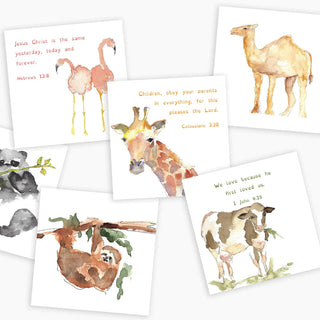 Children's Scripture Cards with watercolor illustration of two lions standing close together, with the title 'CHILDREN'S SCRIPTURE CARDS' printed at the bottom, anne neilson