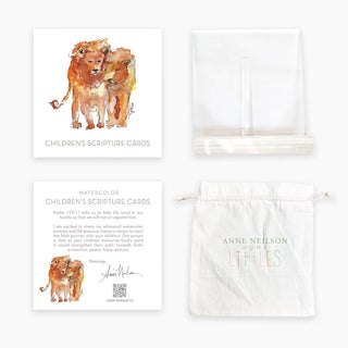 Children's Scripture Cards with watercolor illustration of two lions standing close together, with the title 'CHILDREN'S SCRIPTURE CARDS' printed at the bottom, anne neilson