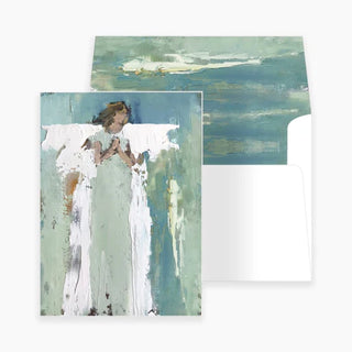 A notecard with an angel illustration and a lined envelope. The card and envelope have a white and blue color scheme, anne neilson