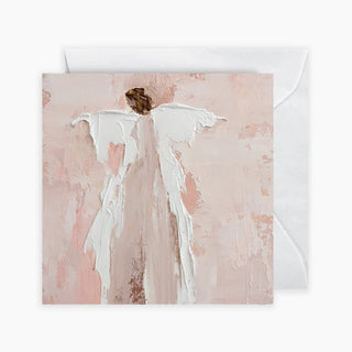 A 3x3 inch fold over enclosure card featuring a painting of an angel in white against a pink and white background, accompanied by a white envelope, gracious one, anne neilson