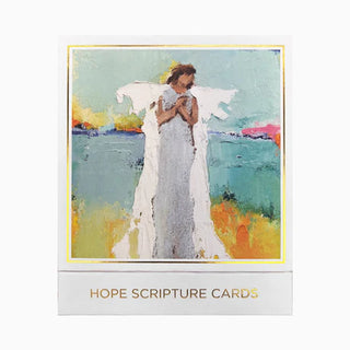 A pack of Hope Scripture Cards featuring an angel illustration on one side and a scripture verse on the other, with a gold and white design, Anne Neilson