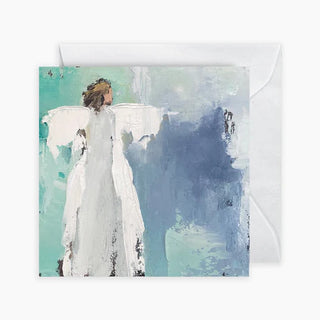 An enclosure card with an angelic figure looking out over a body of water, in shades of white, blue, and green, accompanied by a white envelope.