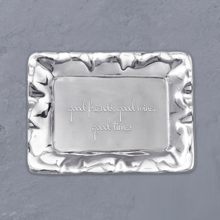 Beatriz Ball Vento Rectangular Engraved Tray "Good Friends, Good Wine, Good Times" tarnish free aluminum alloy handmade FDA safe