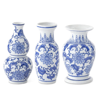 Blue and white patterned vases on a white background. Blue & White Ceramic Chinoiserie Bud Vase Assorted