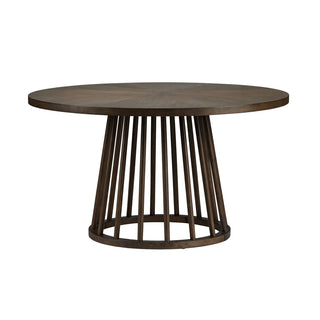 Round wooden table with a unique spindle base design on a white background Brunswick Dining Table
