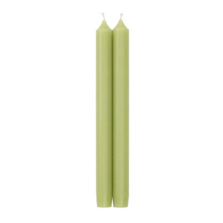 A pair of 10-inch straight taper candles in moss green color, made with a paraffin and palm wax blend, lead-free cotton wick, packaged in cellophane.