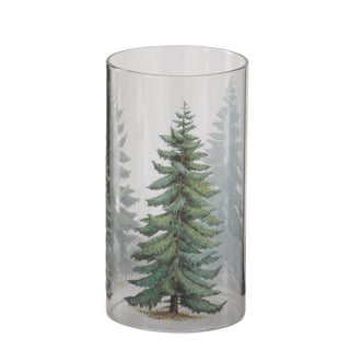 Clear glass vase with a pine tree design on a white background. Clear Glass Christmas Tree Candle Slip Cover