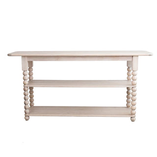 Light wooden console table with three shelves on a white background. Console Table with 2 Shelves & Turned Legs in Natural