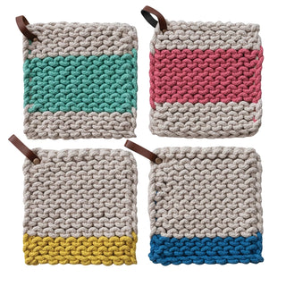 A set of four crocheted pot holders in different colors, each with a leather loop on the top right corner. The colors include green, pink, gray, and blue. Cotton Crocheted Pot Holder with Leather Loops, 4 Styles