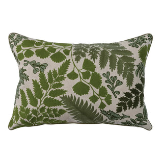 Cotton Embroidered Lumbar Pillow with Botanicals decorative green plants ferns