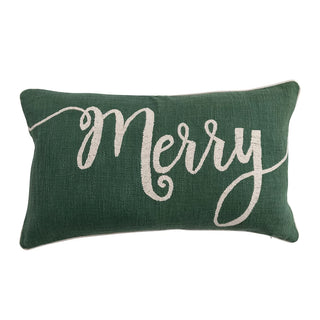 Cotton Slub Green Lumbar Pillow with Embroidered "Merry" in cream