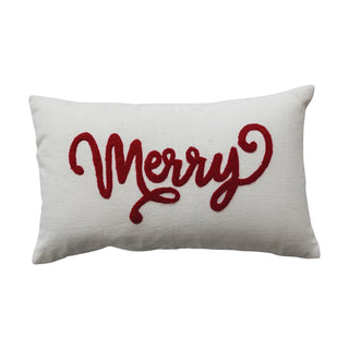 Cotton Slub Lumbar Pillow with Embroidered "Merry" red and white