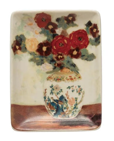 Stoneware Dish with Flowers in Vase, 4 Styles