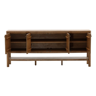 Wooden sideboard with four doors and a shelf on a white background medium stain gold knobs