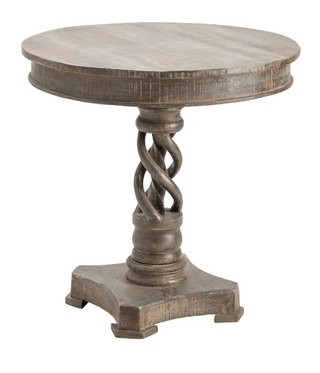 A traditional, round Freeman Accent Table with a twisted trestle base and a dark-brown finish.