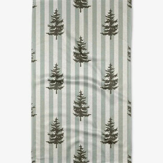 A striped tea towel with a pattern of fir trees on a light and dark striped background. Geometry Fir Real Tea Towel