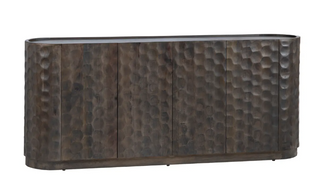 A brown Gibson four-door sideboard with a honey-comb texture and an oval top.