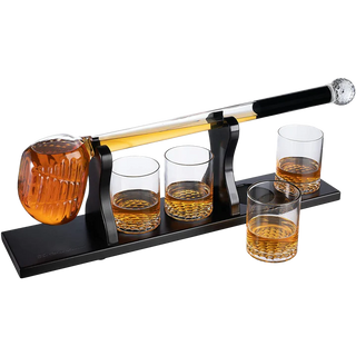 A whiskey decanter set featuring a golf club-shaped decanter and four whiskey glasses arranged on a mahogany wood base.