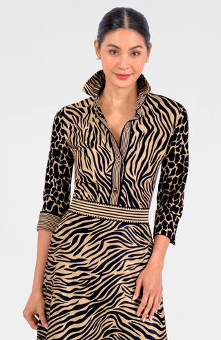 Gretchen Scott Boyfriend Shirt - Animal Instincts in Zebra Khaki black 3/4 length  sleeve