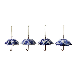 Hand-Painted Stoneware Umbrella Ornament with Blue & White Pattern Assorted