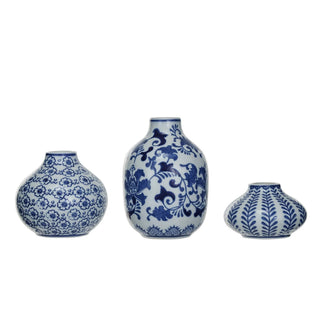 Hand-Stamped Blue & White Stoneware Vases, 3 Styles