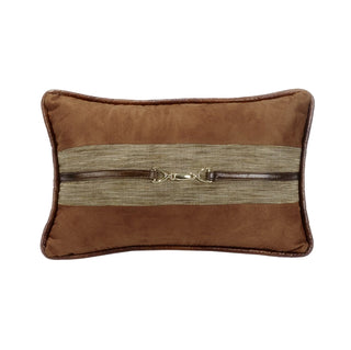 Highland Lodge Suede Buckle Detailed Lumbar Pillow gold leather camel brown beige tweed