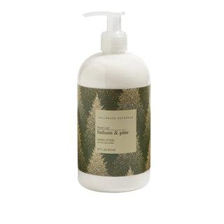 Balsam & pine hand lotion bottle with a label on a white background