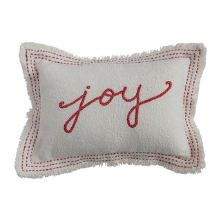 "Joy" Lumbar Pillow with Embroidery & Fringe white with red stitching