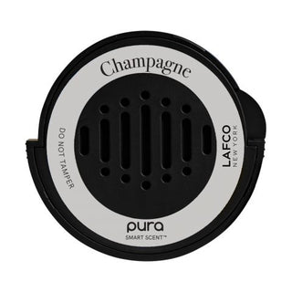 A black circular Pura Smart Diffuser Car Refill with the LAFCO brand and 'Champagne' fragrance indicated.