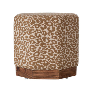 Leopard Print Hexagonal Stool/Ottoman with Pine Wood Base in Brown and Cream