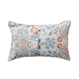 Decorative pillow with floral pattern on a white background. Light Blue Cotton Voile Printed Lumbar Pillow