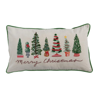 Lumbar "Merry Christmas" Pillow with Embroidered Trees green piping red & green