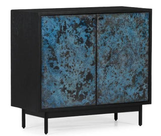 A two-door blue cabinet with a black frame and a built-in wine rack
