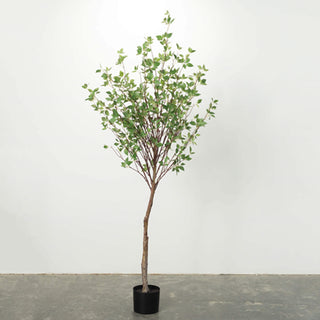 A faux mountain leaf tree with green leaves and a single trunk, potted in a black container.