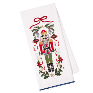 Nutcracker Embellished Dishtowel blue trim holly