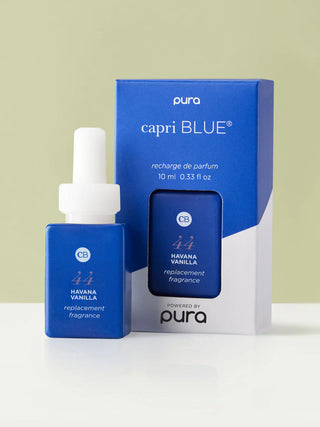 A product image featuring a Pura insert of Capri Blue Havana Vanilla next to its packaging box. PURA Capri Blue Havana Vanilla Refill