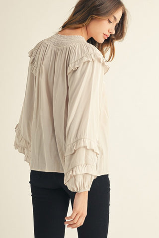 Ruffle Accent Peasant Style Top in Champagne