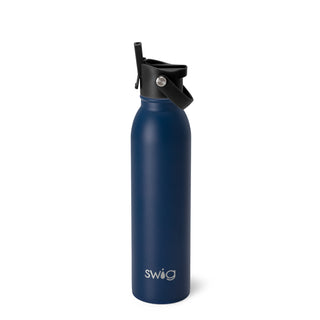 A navy-colored 20oz stainless steel water bottle with a black cap and a straw spout, featuring the brand name 'swig' on the front.