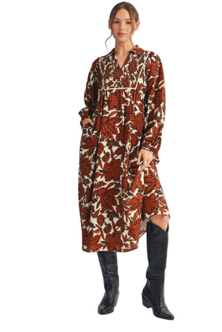 Smocked Chest Floral Midi Dress in Brown