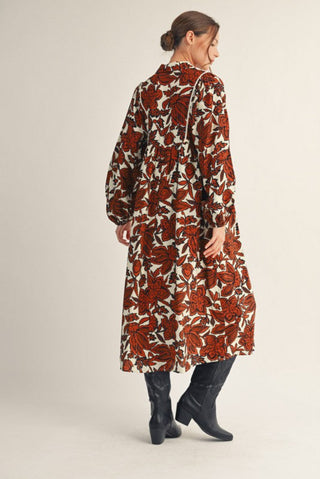 Smocked Chest Floral Midi Dress in Brown