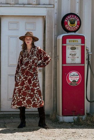 Smocked Chest Floral Midi Dress in Brown
